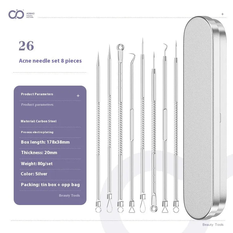 Four silver metal acne needles with ultra-fine pointed tips for skincare extraction.