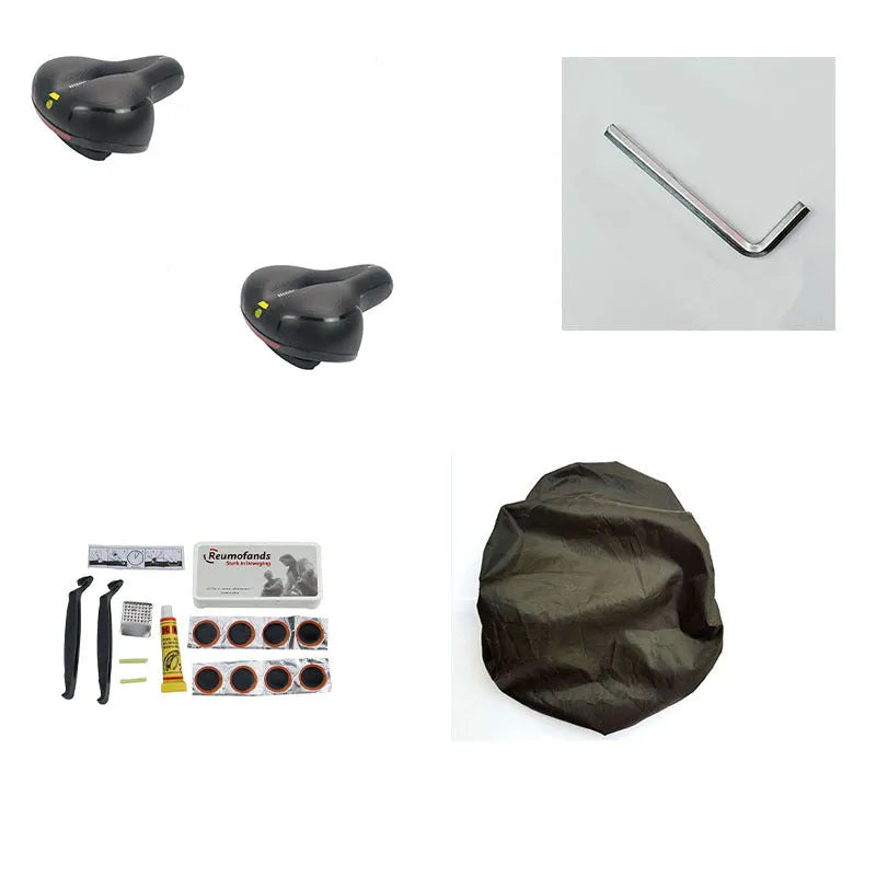 Bicycle saddle cushion with PU leather cover, shown with waterproof cover, wrench, and tire patch kit.