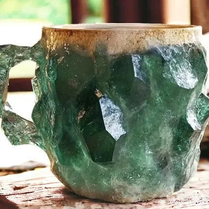 Clear resin coffee mug with handle showing internal crystal structure, 400ml capacity.