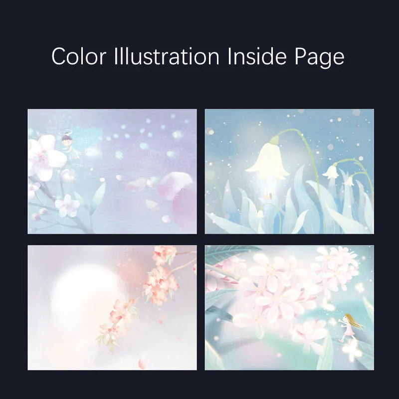 A5 notebook with luminous cover showing colour illustration pages inside, available in Deep Blue, Gold, Light Blue, or Purple colours
