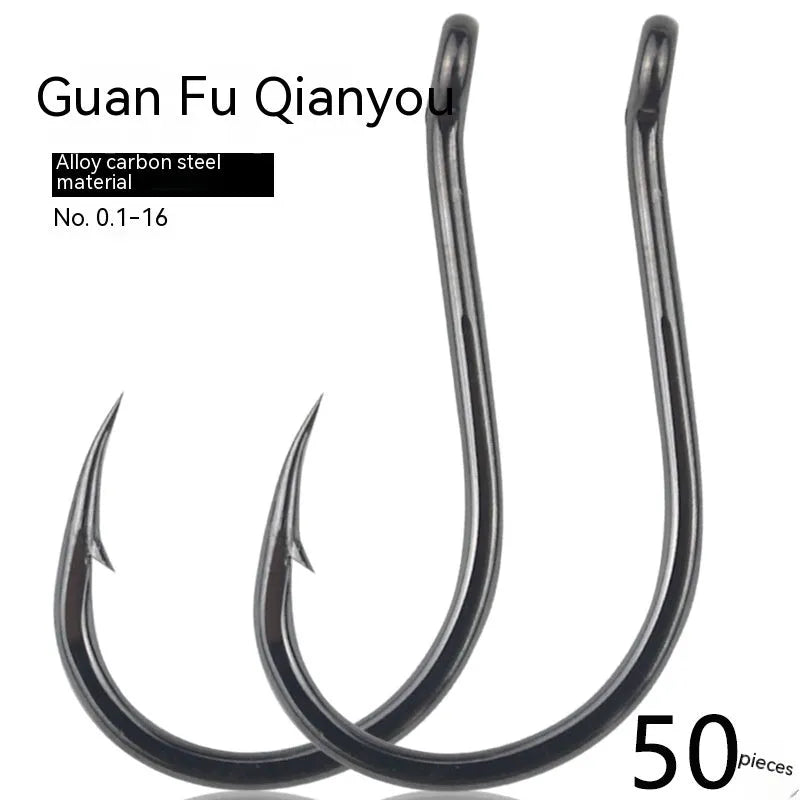 Bulk pack of barbed alloy carbon steel fishing hooks in various sizes for sea fishing.