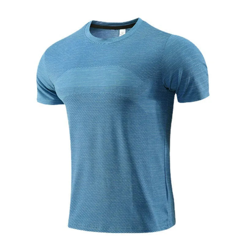 A short-sleeved sports T-shirt for running and basketball in a polyester spandex fabric.