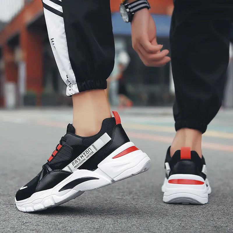 Men's mesh breathable sports running shoes with thick sole in black