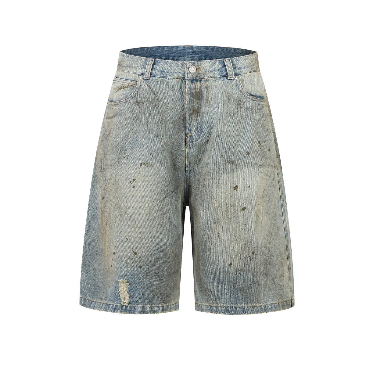 Blue cropped washed denim middle pants with straight leg street fashion style and zipper fly