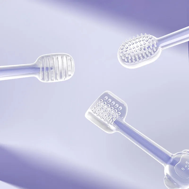 Silicone pet toothbrush for cats and dogs in blue, green, and purple colours for dental care.