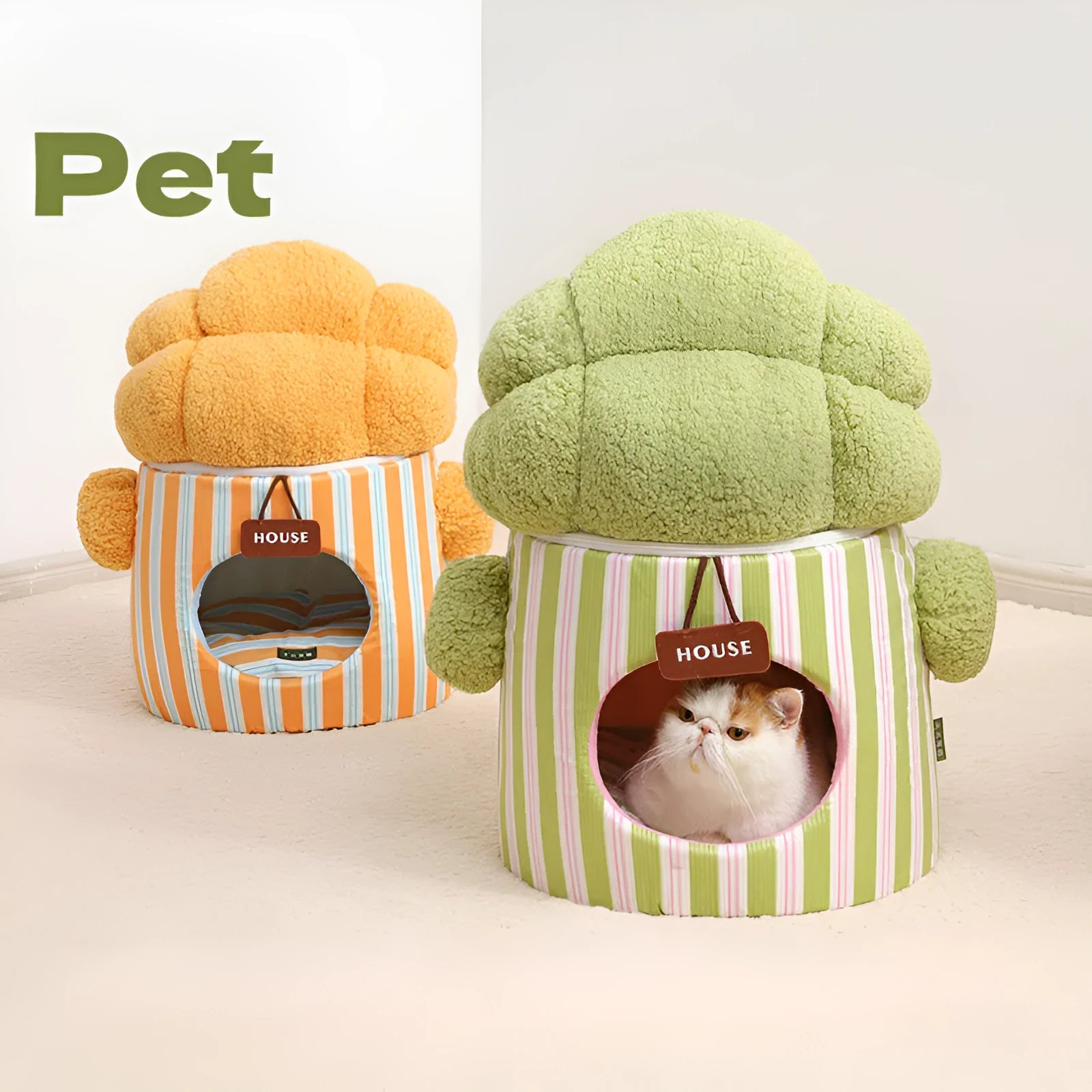 Green cauliflower-shaped enclosed pet house with tree hole entrance for cats and small dogs