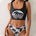 Women's coconut print bikini swimsuit with lace-up front and separate pants.