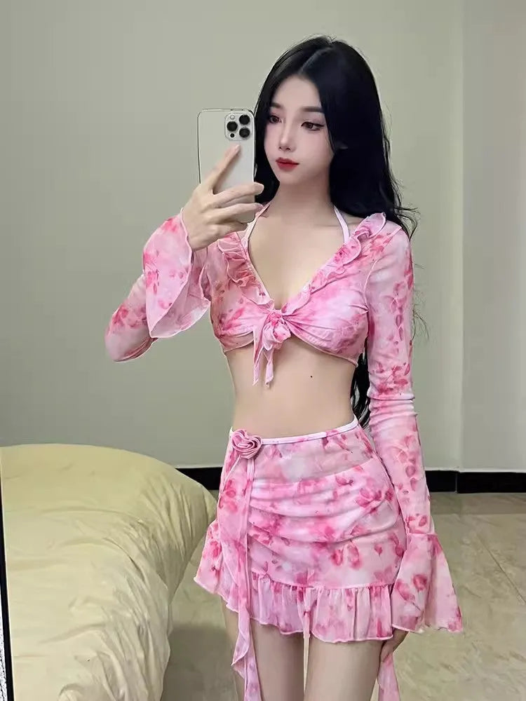 Women's cherry blossom pink floral polyester bikini set for beachwear.