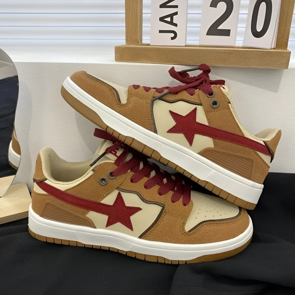 Brown women's platform sneakers with sequin details and a lace-up front.