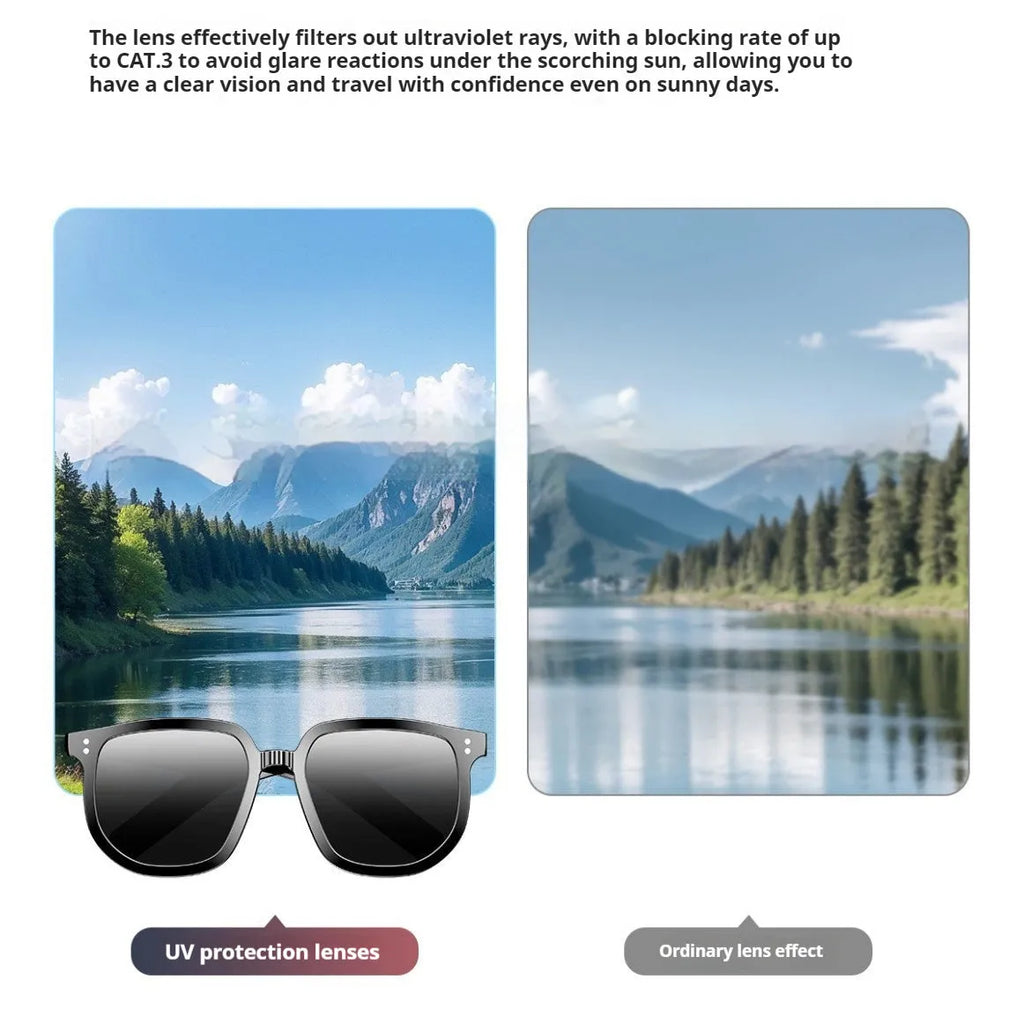 Black AI smart glasses with Bluetooth audio and sunglass lenses on a head-mounted display.