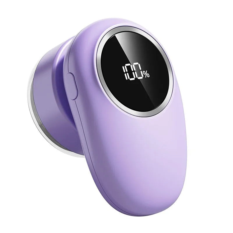 Beige and purple digital display USB rechargeable fur ball trimmer with multiple cutter head options.