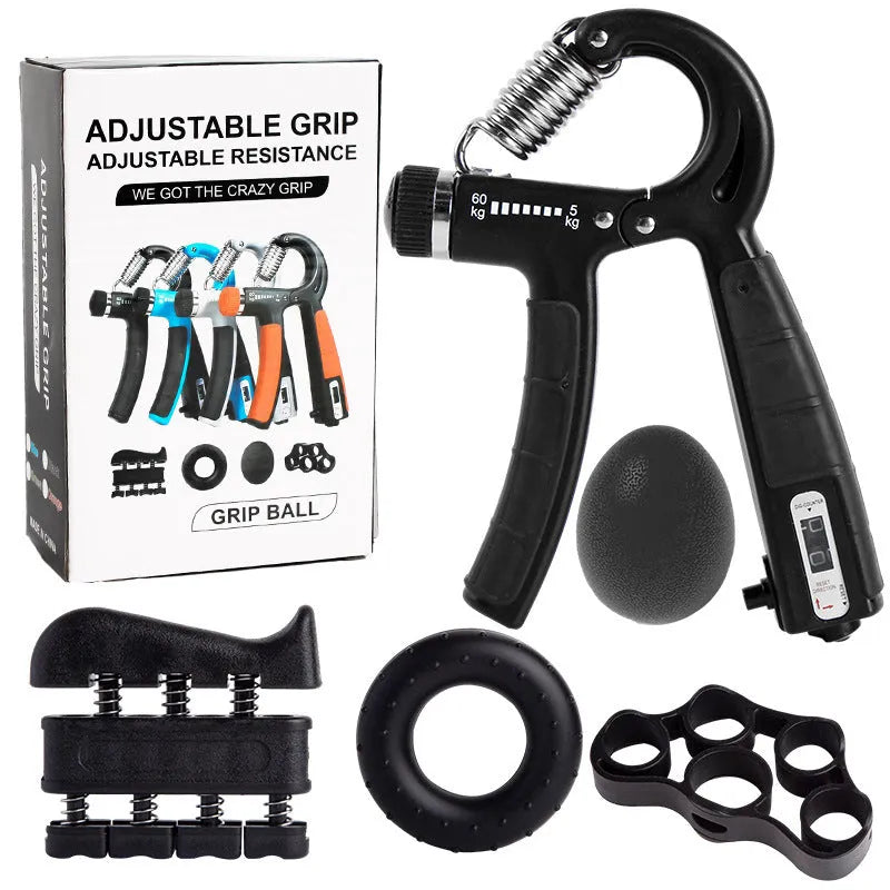 Adjustable count spring grip five-piece set with black and blue hand trainers on a white background