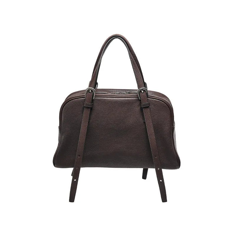 Women's retro style genuine leather shoulder bag in horizontal square silhouette with double straps