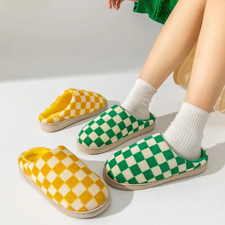 Gradient plush winter slippers for women with corduroy and arctic velvet upper, anti-skid PVC sole, round toe, flat heel, available in multiple colours