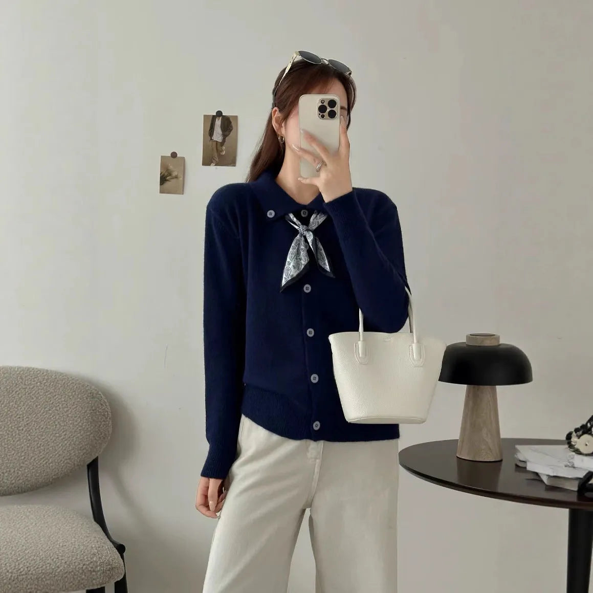 Women's beige cardigan sweater with an attached lapel scarf collar, long sleeves