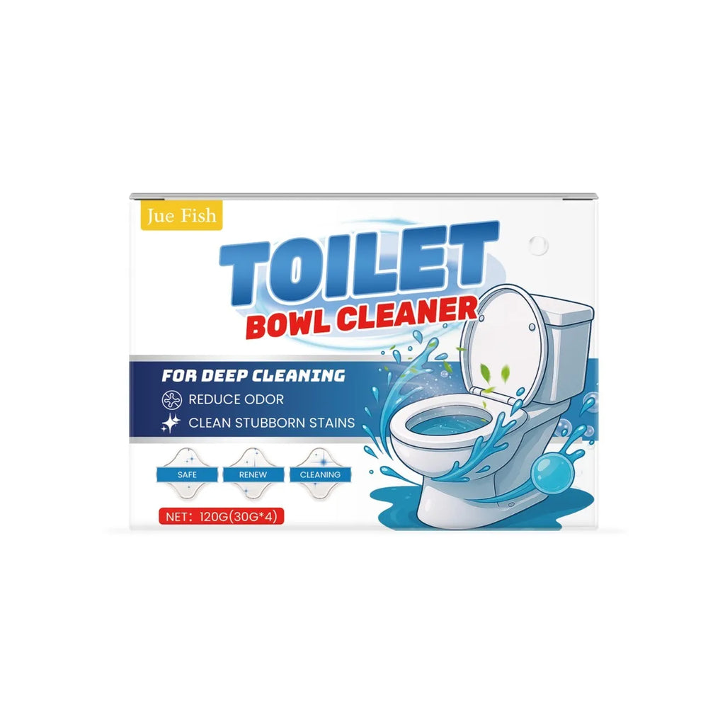 Box of toilet cleaning powder containing four 30g sachets, shown next to an open sachet of white granules.