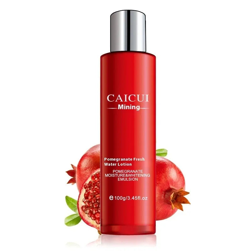 Pomegranate skincare set with four red bottles: cleanser, toner, lotion, and facial cream