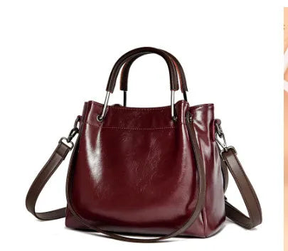 Korean fashion women's soft PU retro bucket handbag medium size solid colour with zipper closure