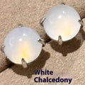 Chalcedony stud earrings with round egg stone in copper four-claw setting, emerald green colour