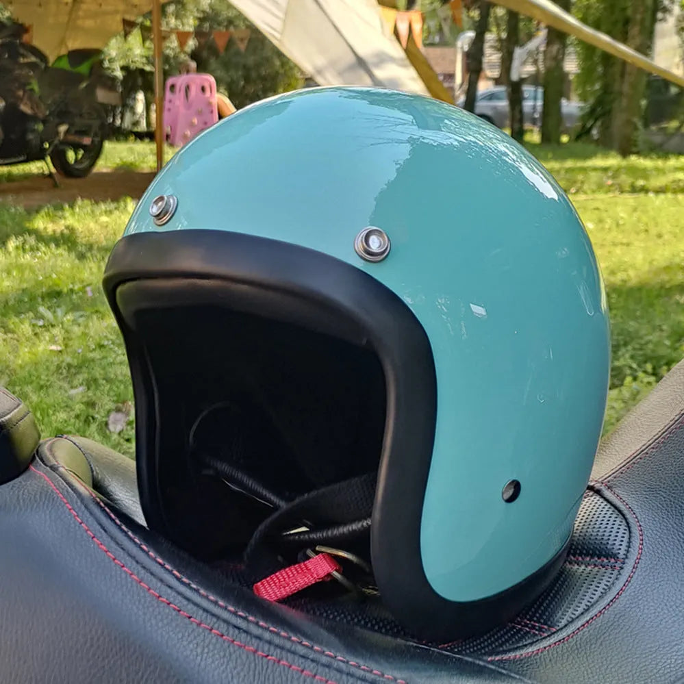 FRP retro half motorcycle helmet shown in various colours for electric bike commuting