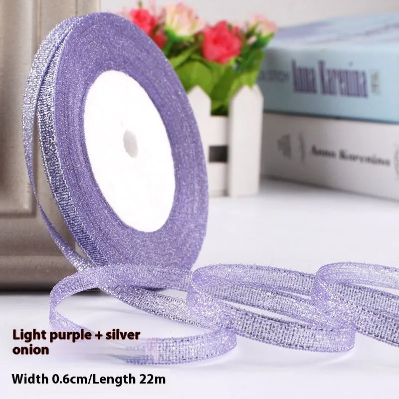 Roll of narrow 0.6cm wide polyester decorative ribbon in multiple colour options including metallic finishes