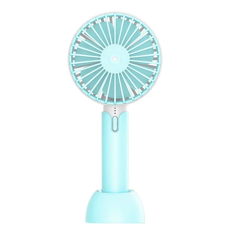 Blue handheld mini silent USB desktop electric fan with oscillating head and three-speed control