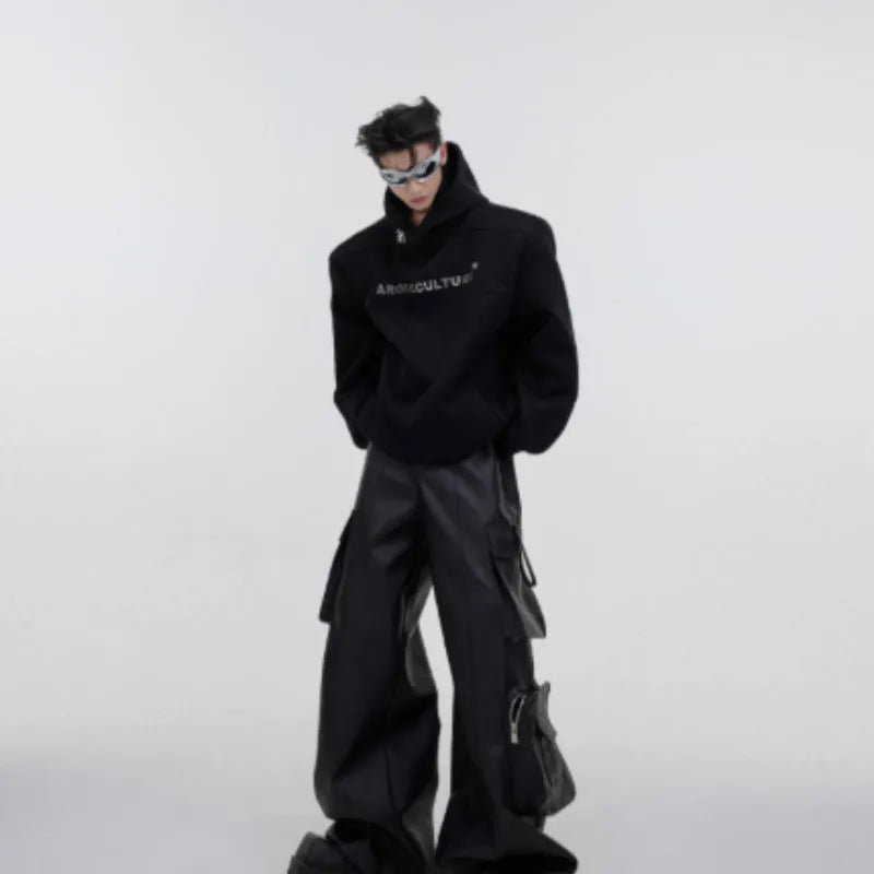 Men's black hooded sweater with metal-effect printing detail and structural shoulder pads