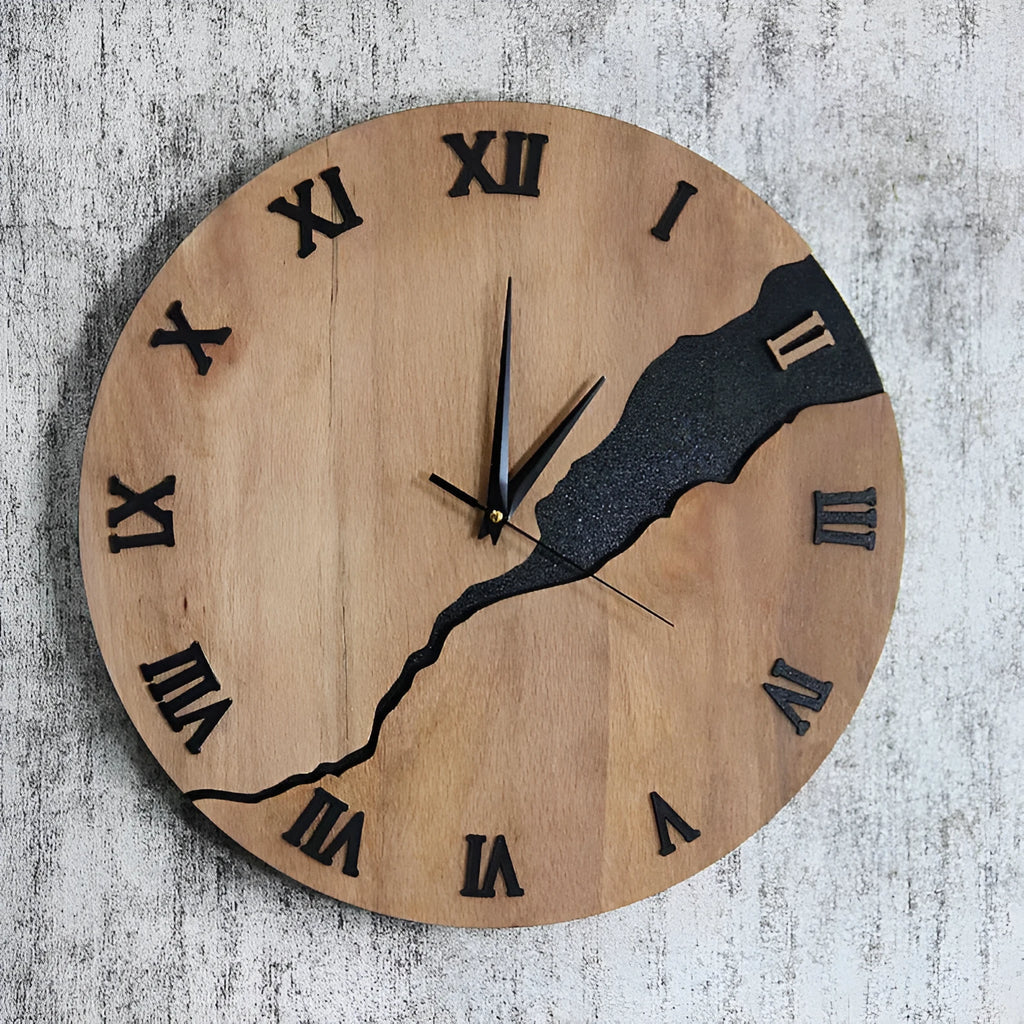 Wooden wall clock with creative crack pattern design in modern circular style