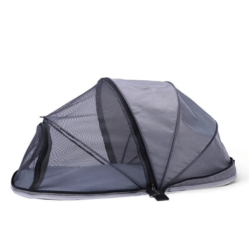 Portable folding cat tent with half mesh sides in black or blue colour options