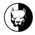 Reflective car sticker with a black, white, and red bulldog superhero dog design.