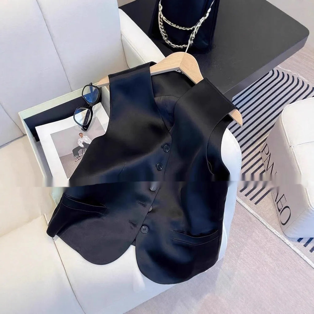 Black satin ladies' sleeveless vest with loose fit and 50cm length