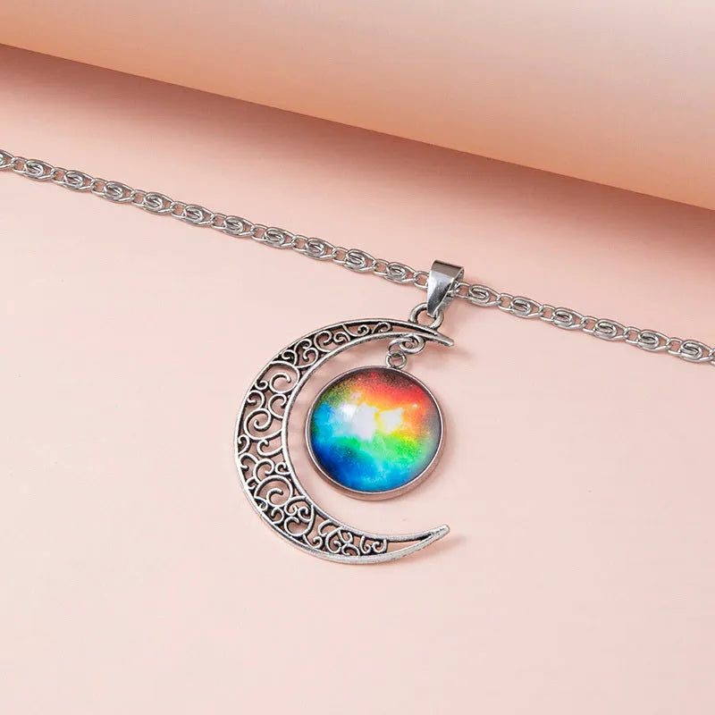 Silver hollow moon pendant necklace with glass star on Figaro chain 40cm women