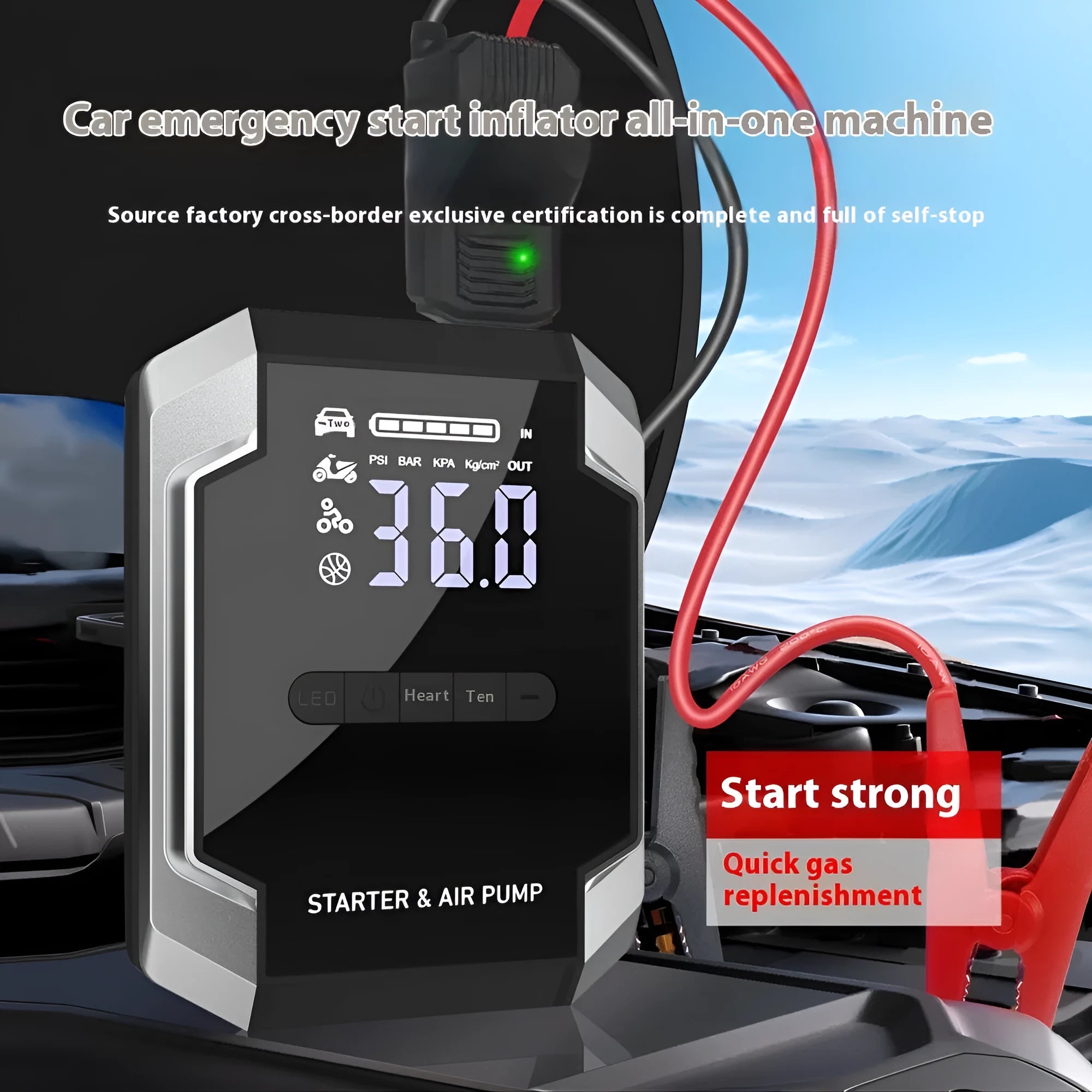 12V car jump starter and air pump in intelligent Eva bag, ABS housing, 21.8x18.3x10.8cm Smart Version Plus Package
