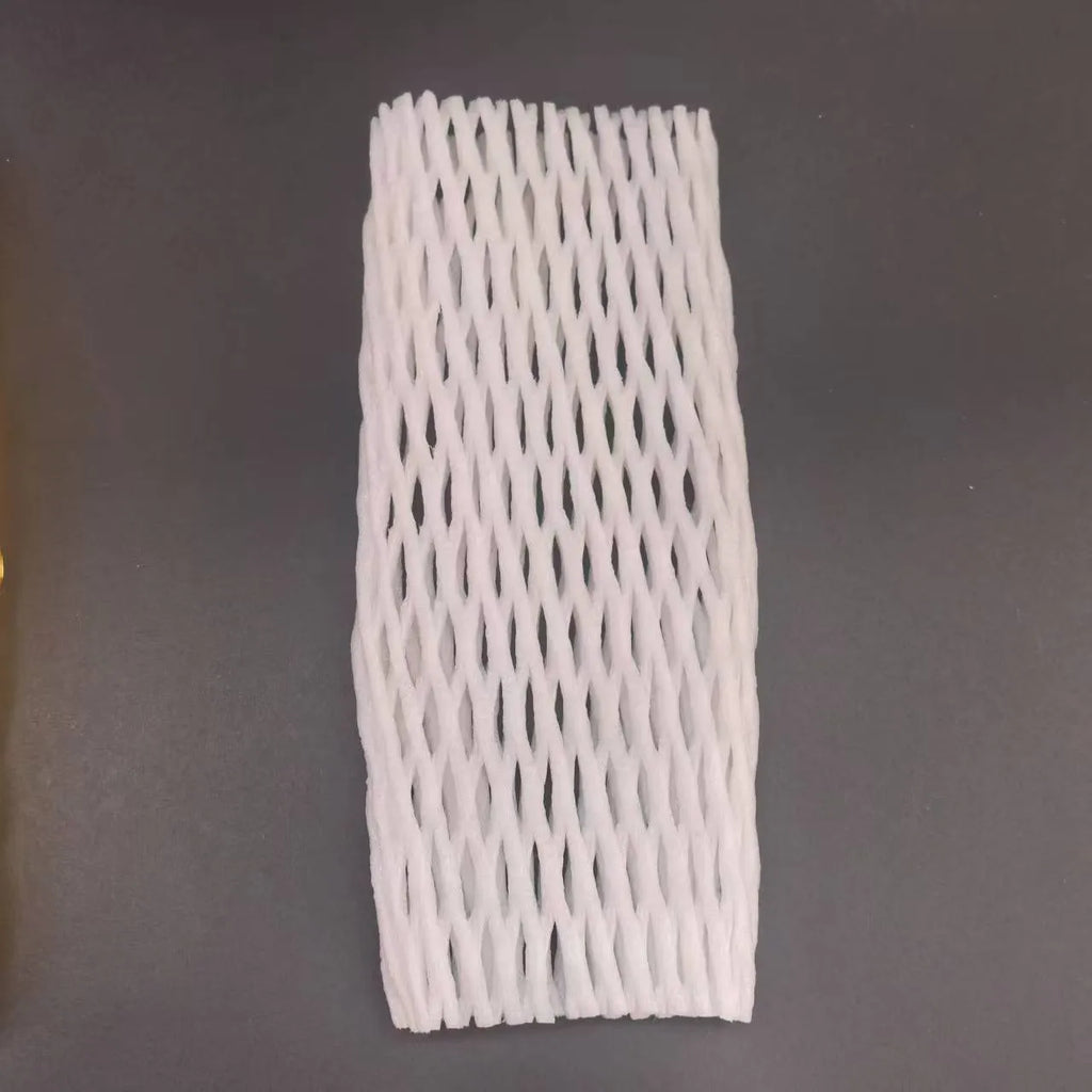 White foam net cover for fruit protection shown in various sizes on a table.