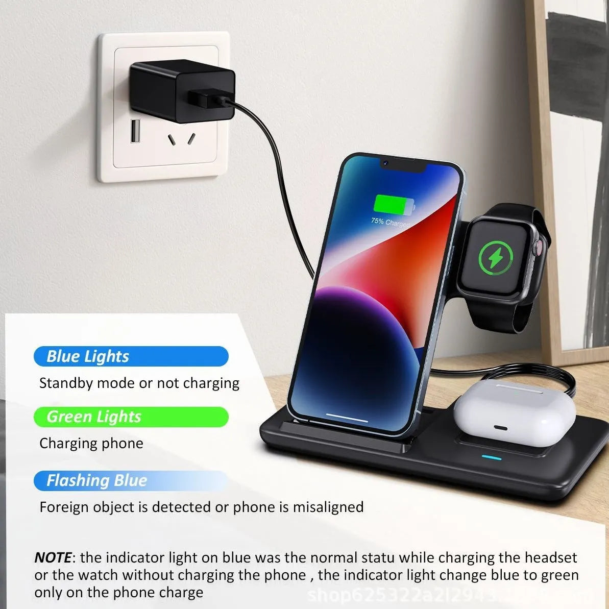 Three-in-one foldable wireless charger in black with twin coil and 15W fast charge for phone watch earbuds