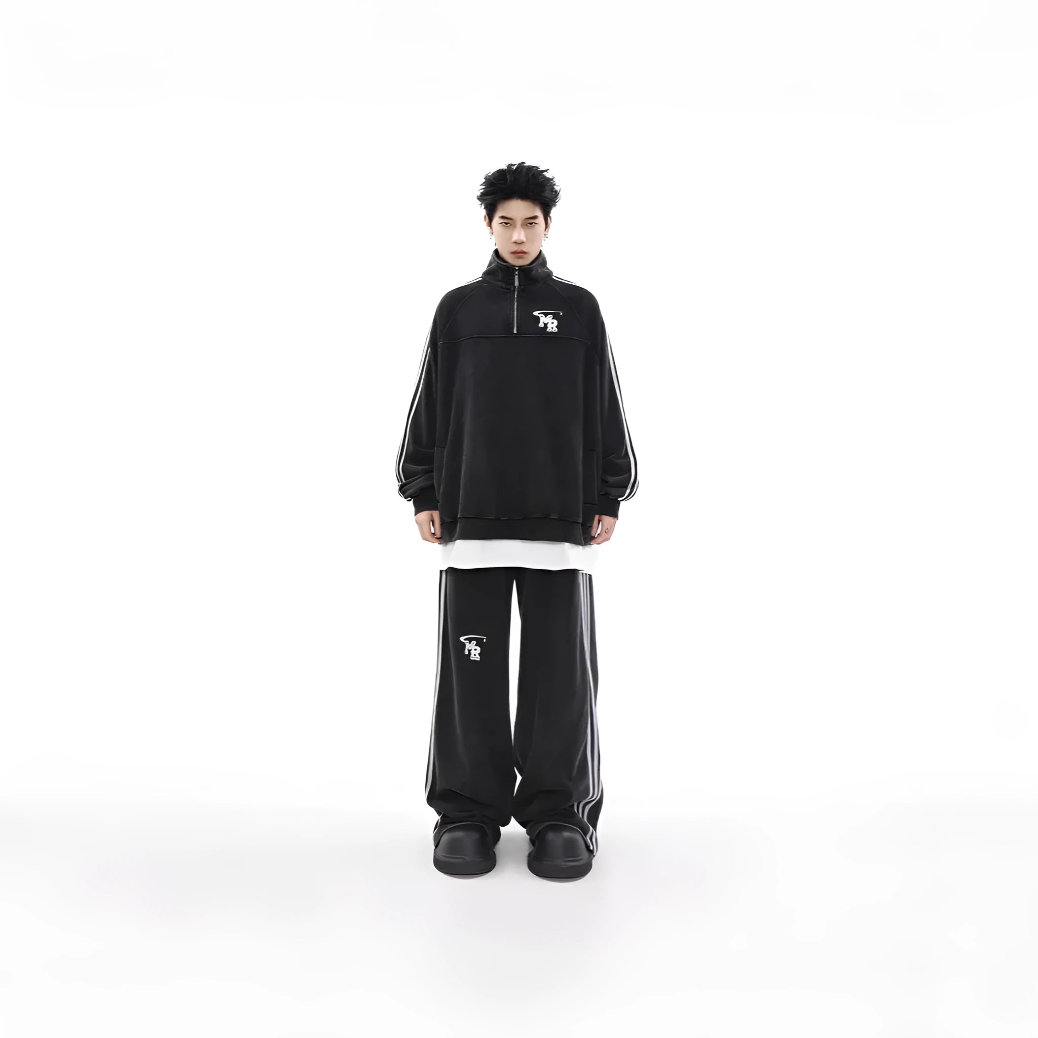 Black retro sports hoodie with a stand collar and long sleeves, shown on a model.