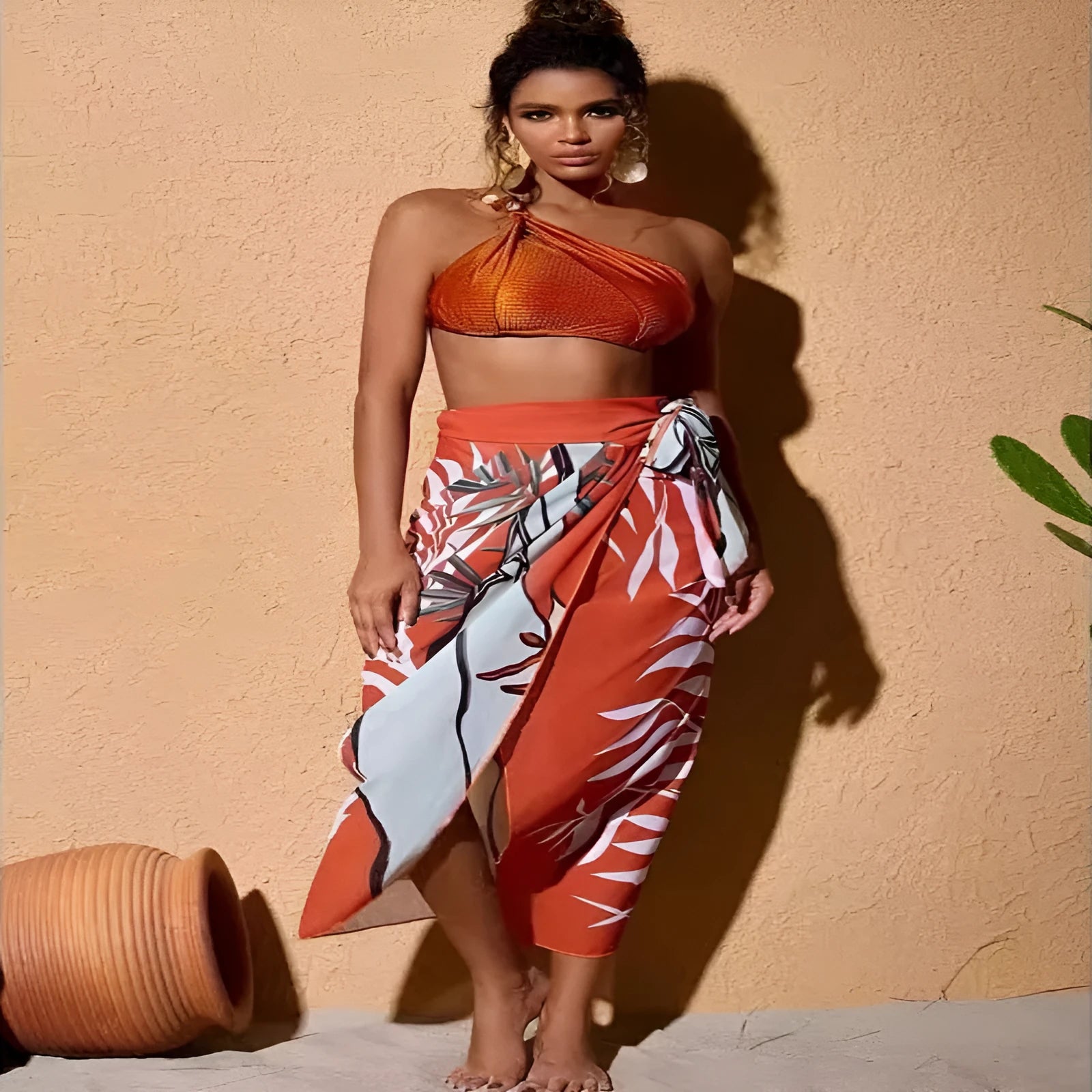 Women's high waist push up bikini swimsuit with chiffon dress in black, brown, or green.