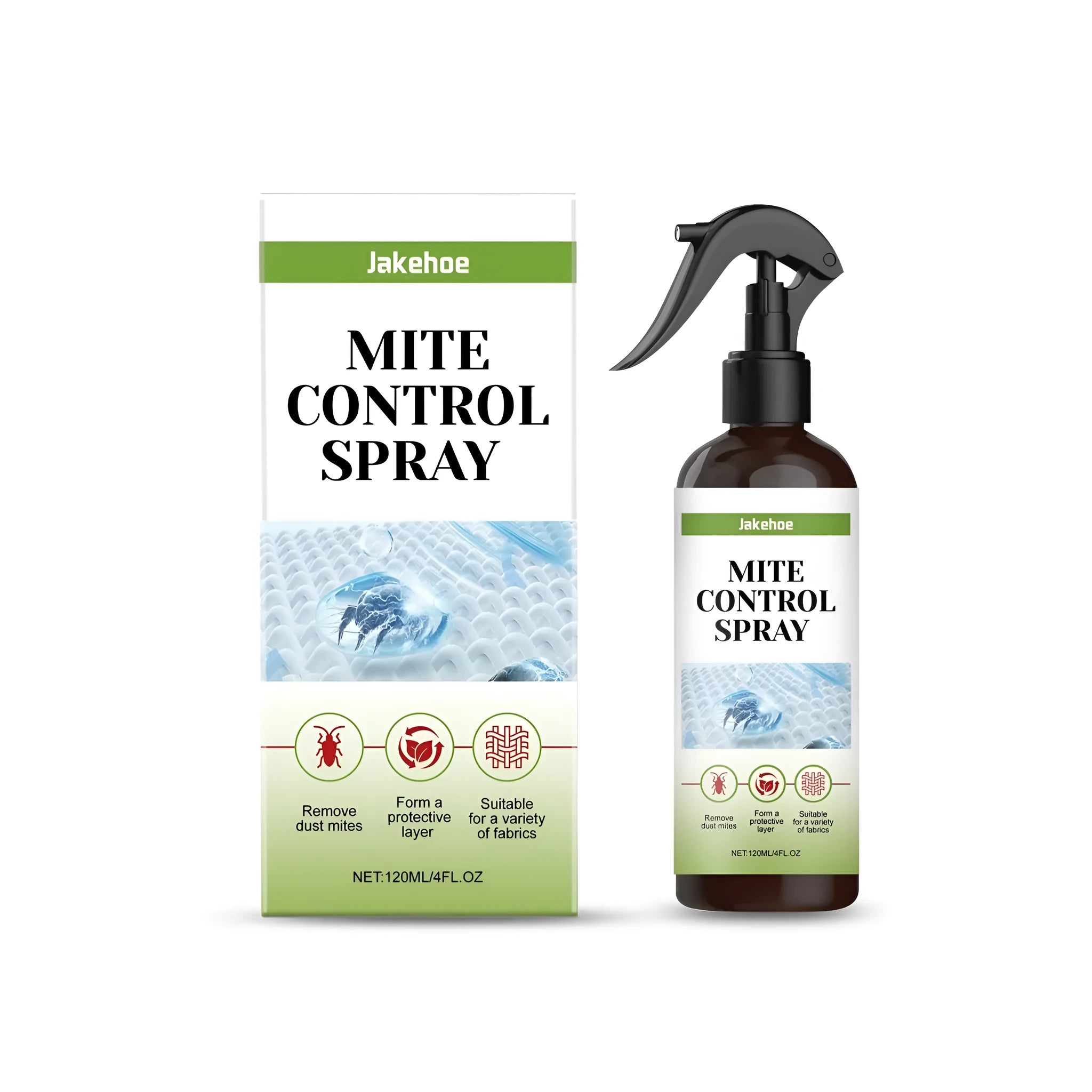 120ml mite control spray bottle with spray nozzle and ingredient list visible
