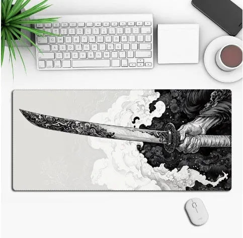 Large custom anime print gaming mouse pad on a desk with keyboard and mouse.