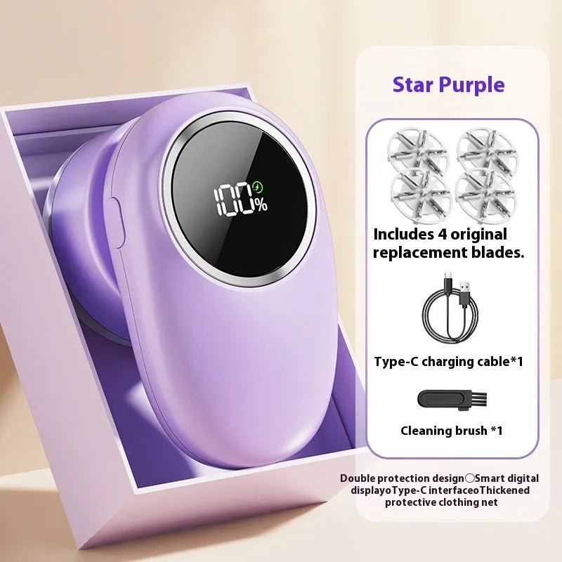 Beige and purple digital display USB rechargeable fur ball trimmer with multiple cutter head options.