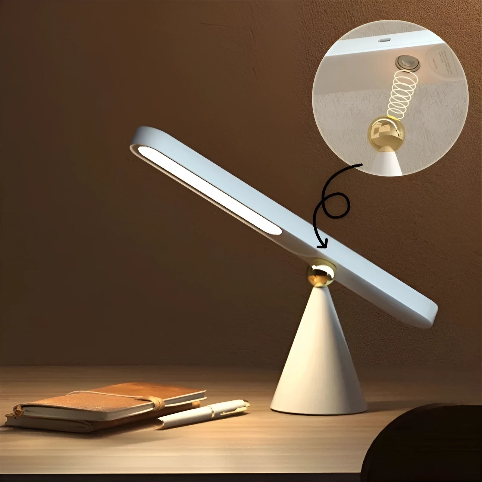 Geometric design desk lamp with magnetic suction base and touch controls in white colour