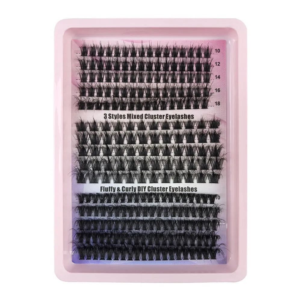 Box of mixed false eyelashes showing five style options with varying volumes from natural to dramatic.