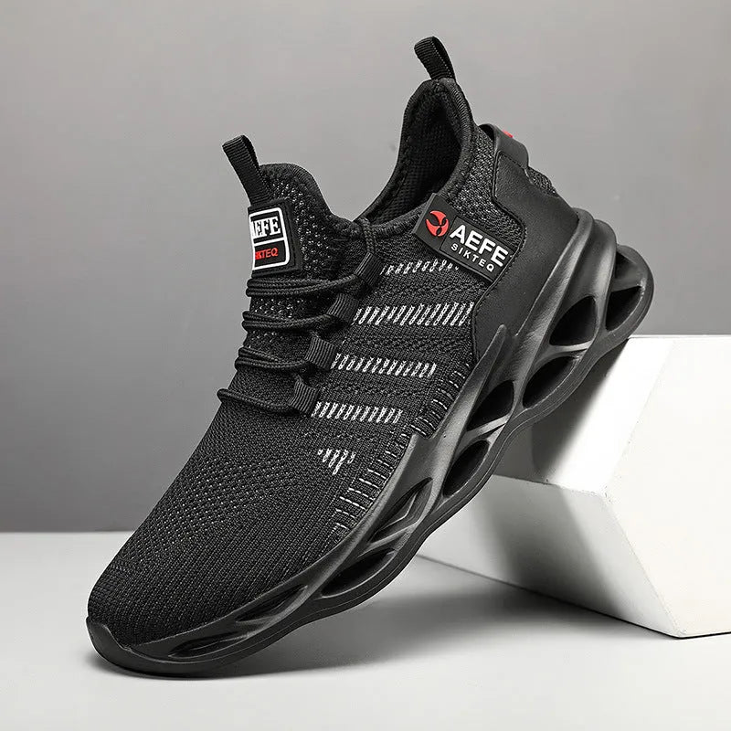 Men's mesh breathable casual running shoes with cross straps in black, green, and yellow, sizes 40-47