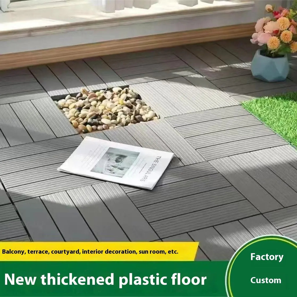 Pack of ten wood grain patterned plastic floor tiles showing 300x300mm size and non-slip surface texture.