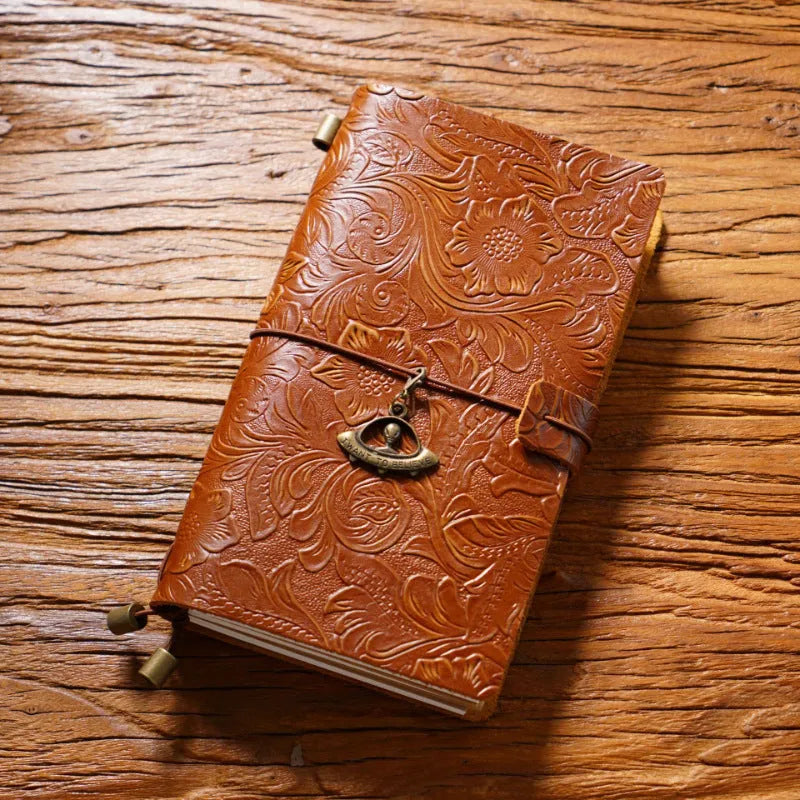 Creative vintage engraving cowhide travel notepad in black A5 size with genuine leather cover
