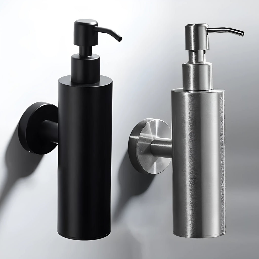 Stainless steel wall-mounted manual soap dispenser in brushed finish for commercial bathrooms