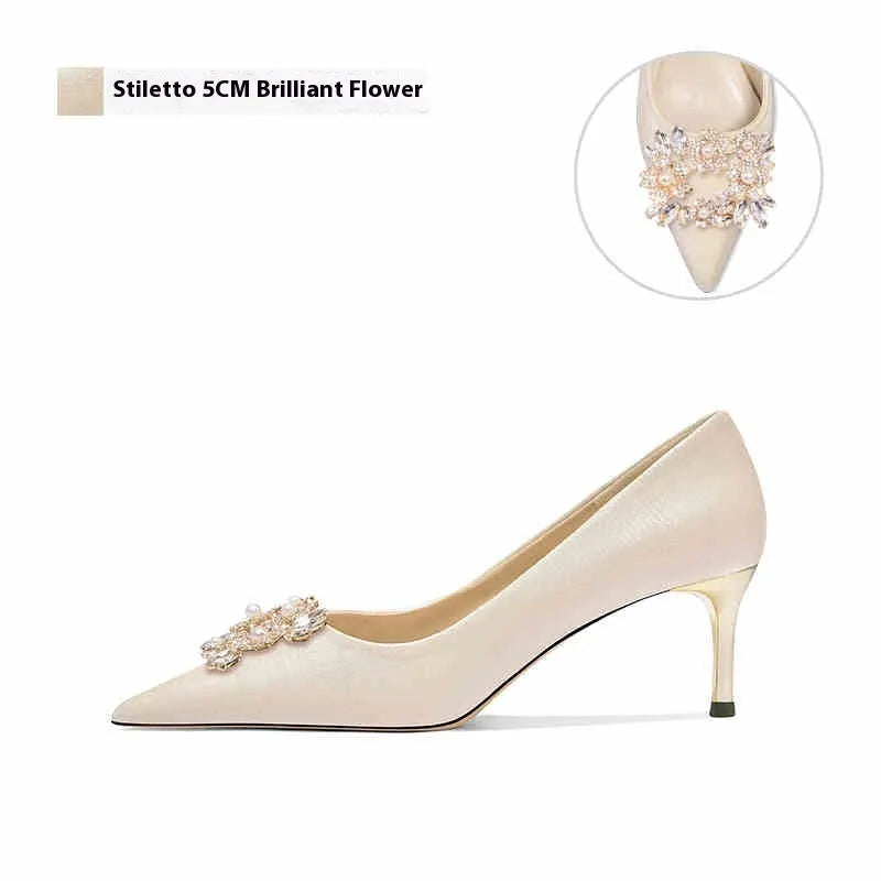 Pointed-toe crystal bridal high heel shoe with rhinestones on a cloth upper, shown with a cat heel and a stiletto heel option.