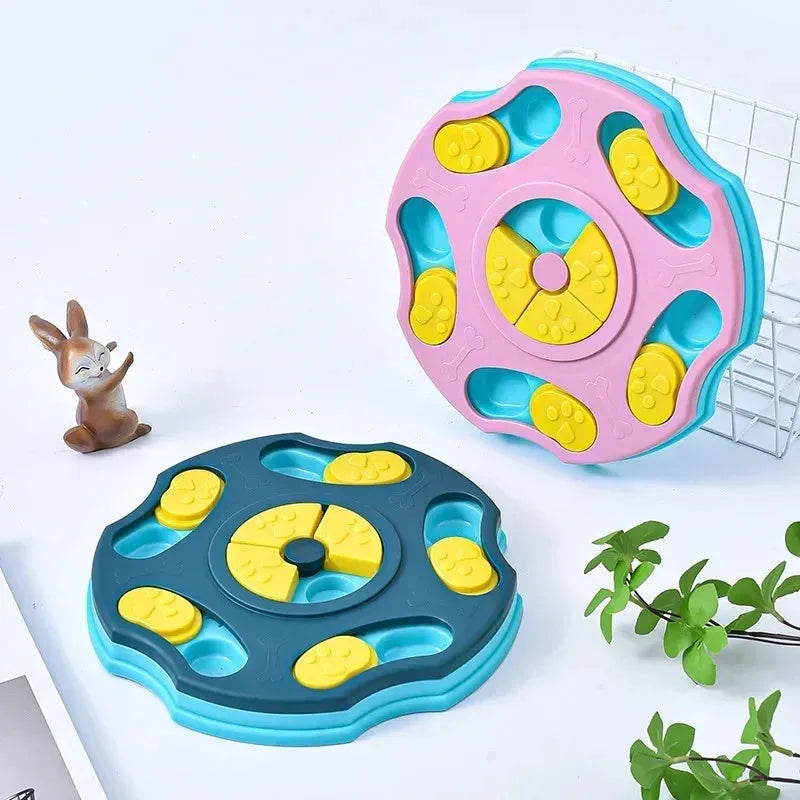 Blue interactive dog puzzle toy bowl with food compartments for slow feeding and brain games.
