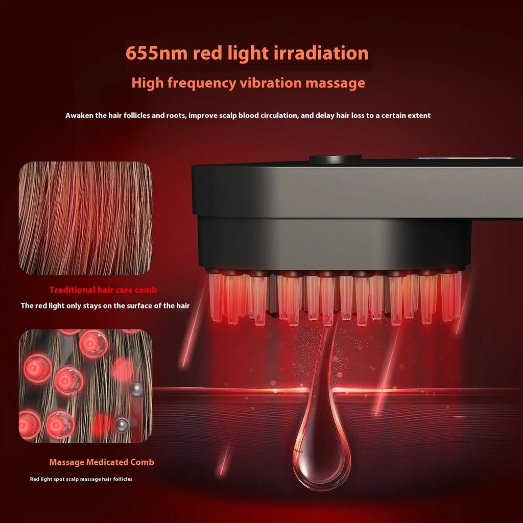 Black and pink smart massage comb with red light therapy function for scalp care.