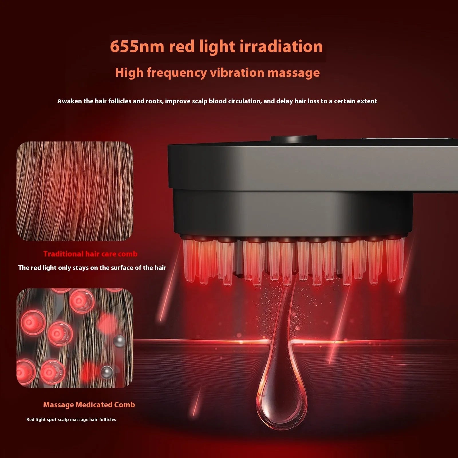 Black and pink smart massage comb with red light therapy function for scalp care.